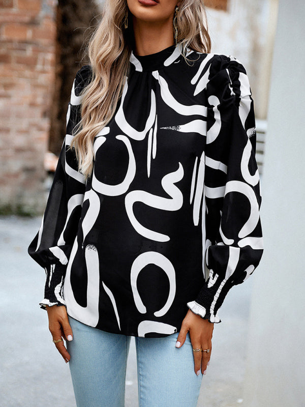 Women’s printed turtleneck puff sleeve top blouse