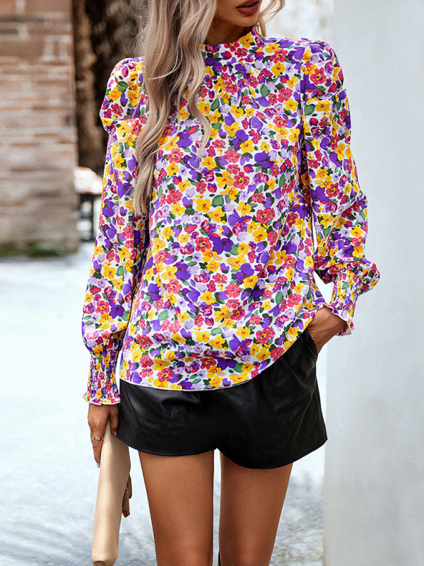 Women’s printed turtleneck puff sleeve top blouse