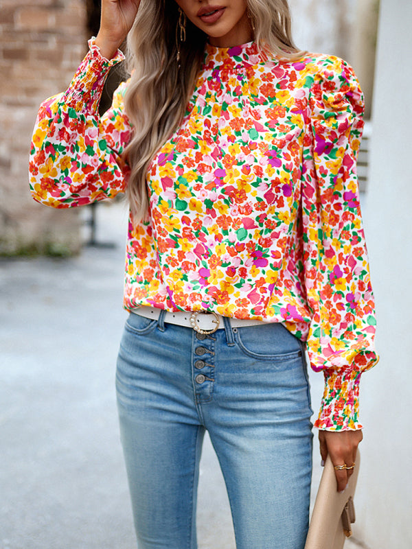 Women’s printed turtleneck puff sleeve top blouse