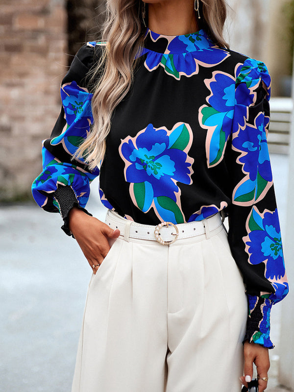 Women’s printed turtleneck puff sleeve top blouse - Black / S