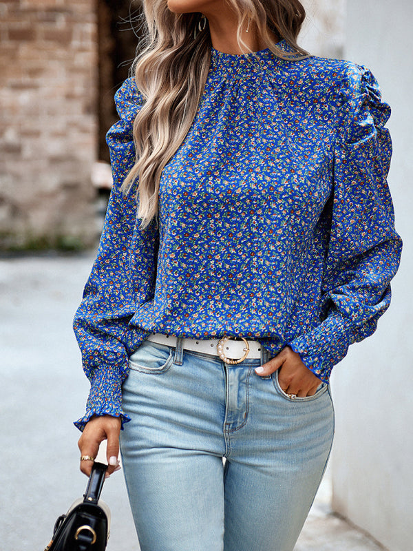Women’s printed turtleneck puff sleeve top blouse - Blue / S