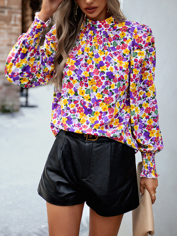 Women’s printed turtleneck puff sleeve top blouse - Purple / S