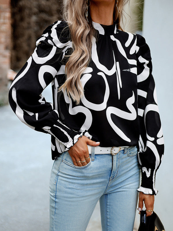 Women’s printed turtleneck puff sleeve top blouse - White / S