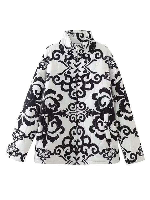 Women’s Quilted Cotton Printed Loose Stand Collar Padded Jacket
