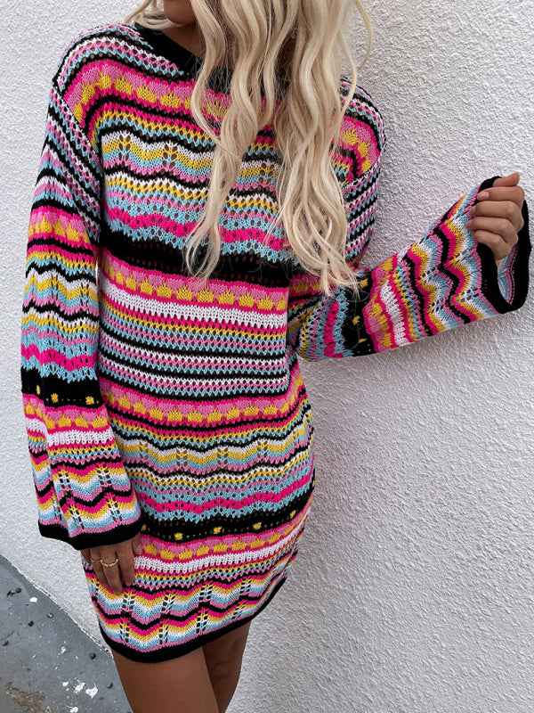Women’S Rainbow Stripe Pullover Medium Length Sweater