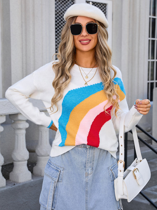 Women’s Rainbow Striped Crew Neck Knitted Fashion Sweater