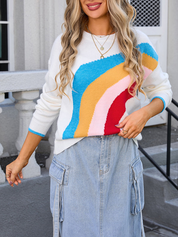 Women’s Rainbow Striped Crew Neck Knitted Fashion Sweater - White / S