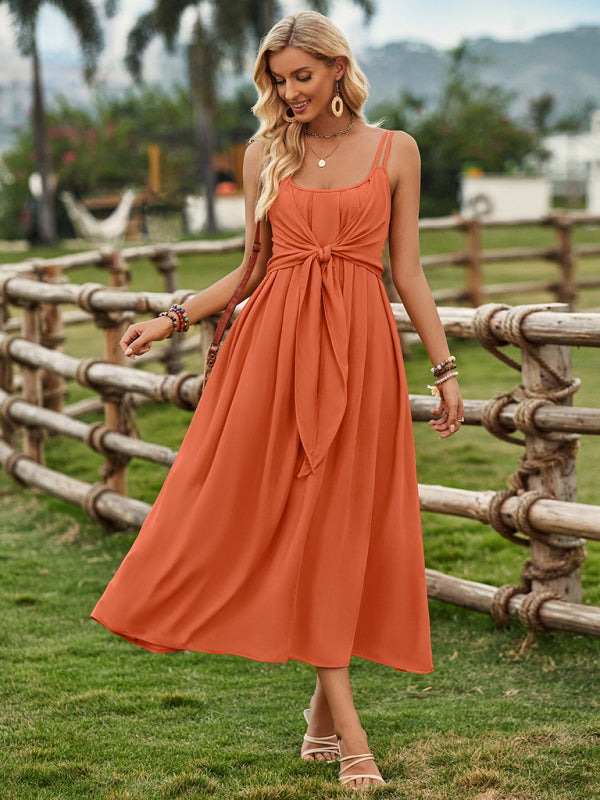 Women’s ranch style solid color suspender tied waist dress