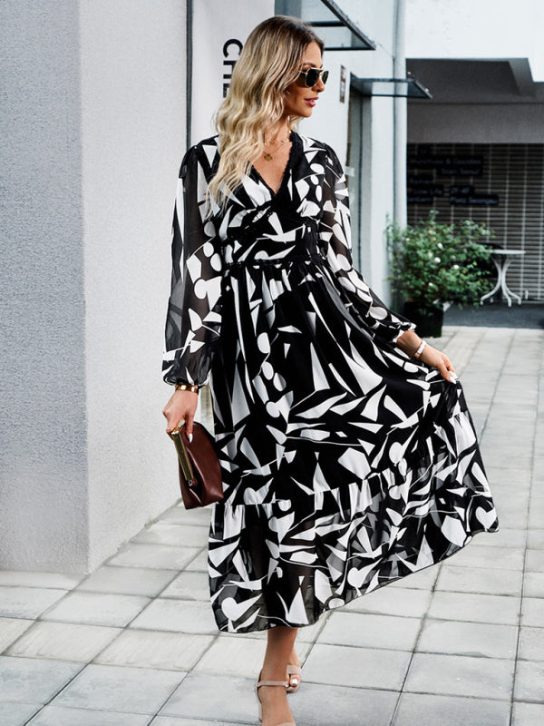Women’s resort casual printed V-neck long-sleeved dress
