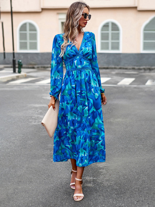 Women’s resort casual printed V-neck long-sleeved dress