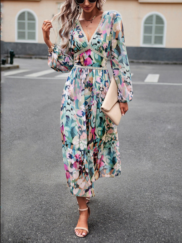 Women’s resort casual printed V-neck long-sleeved dress