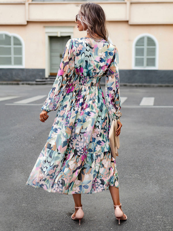 Women’s resort casual printed V-neck long-sleeved dress