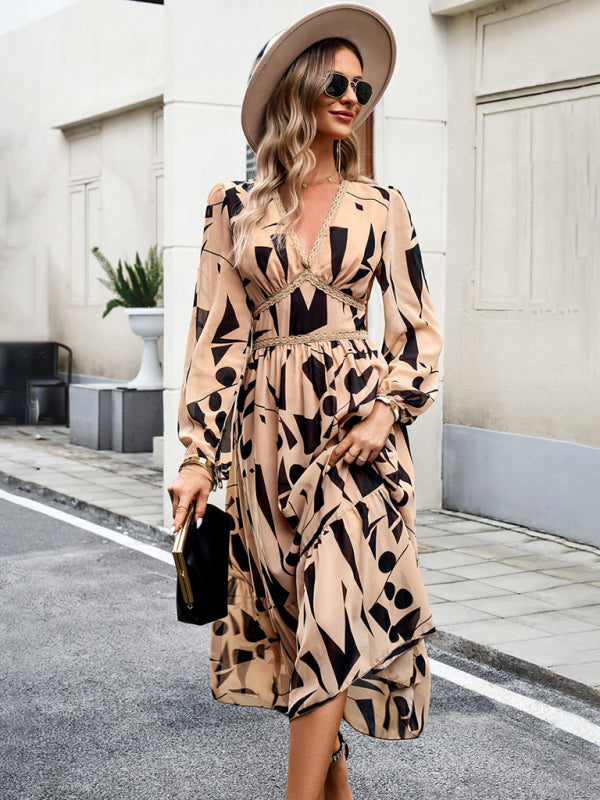 Women’s resort casual printed V-neck long-sleeved dress