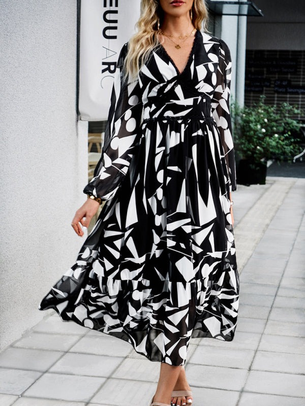 Women’s resort casual printed V-neck long-sleeved dress