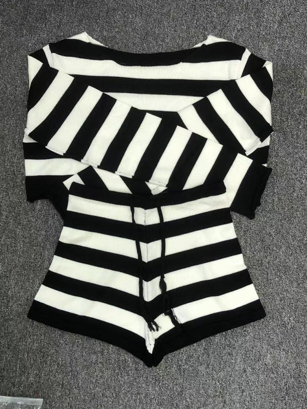 Women’s resort casual striped knitted midriff-baring sexy shorts set