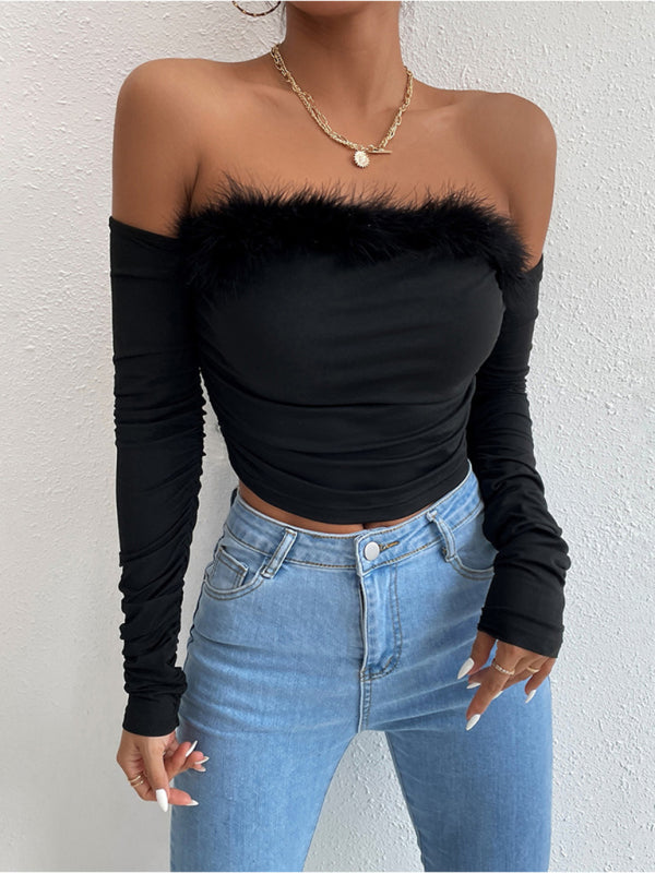 Women’s retro hair collar tube top long sleeve collar back top - Black / XS
