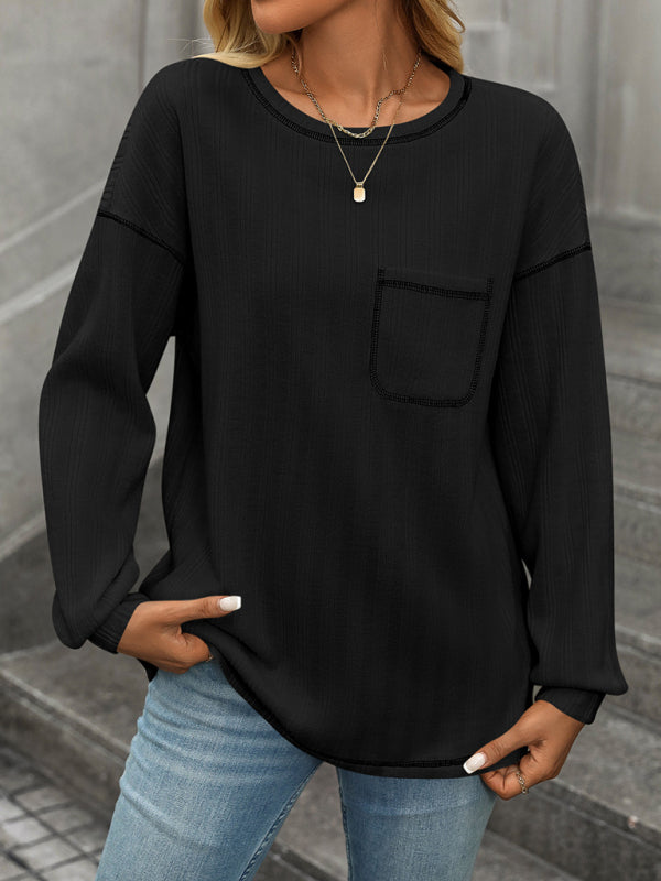 Women’s ribbed brushed solid color round neck pocket casual loose T-shirt - Black / S