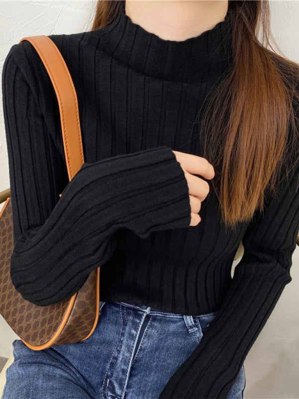 Women’s ribbed half turtleneck bottoming sweater - Black / FREESIZE