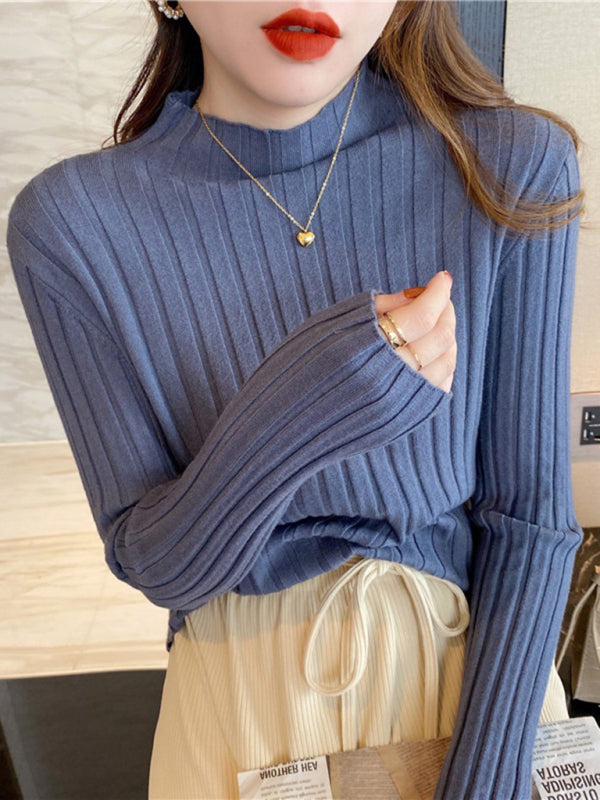 Women’s ribbed half turtleneck bottoming sweater - Blue / FREESIZE