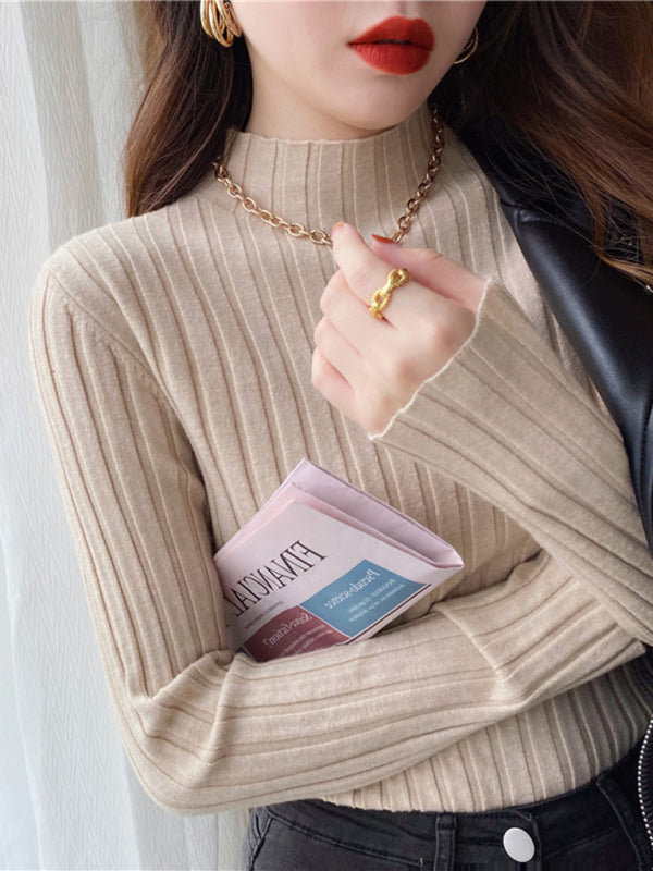 Women’s ribbed half turtleneck bottoming sweater - Khaki / FREESIZE