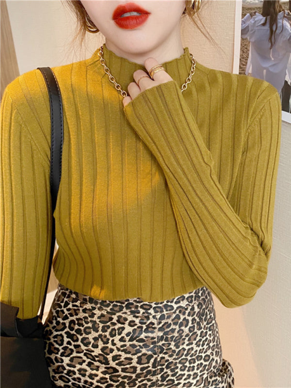 Women’s ribbed half turtleneck bottoming sweater - Yellow / FREESIZE