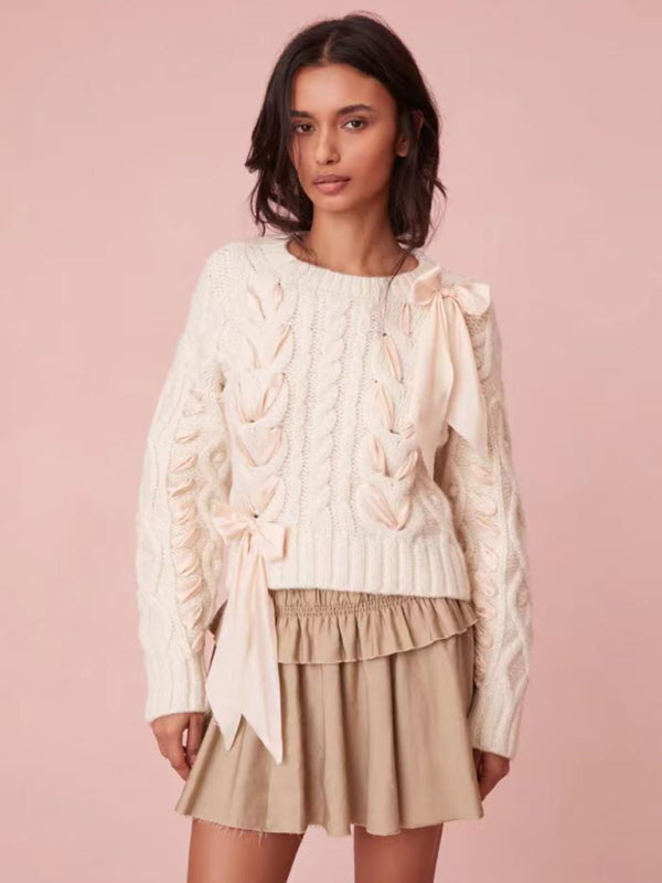 Women’s Round Neck Bow Neck Ribbon Sweet Sweater Versatile Top