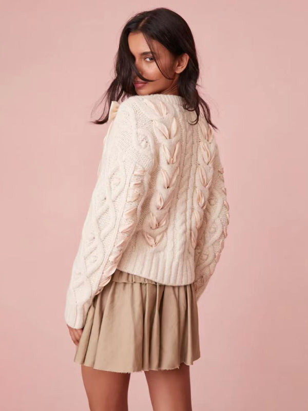 Women’s Round Neck Bow Neck Ribbon Sweet Sweater Versatile Top