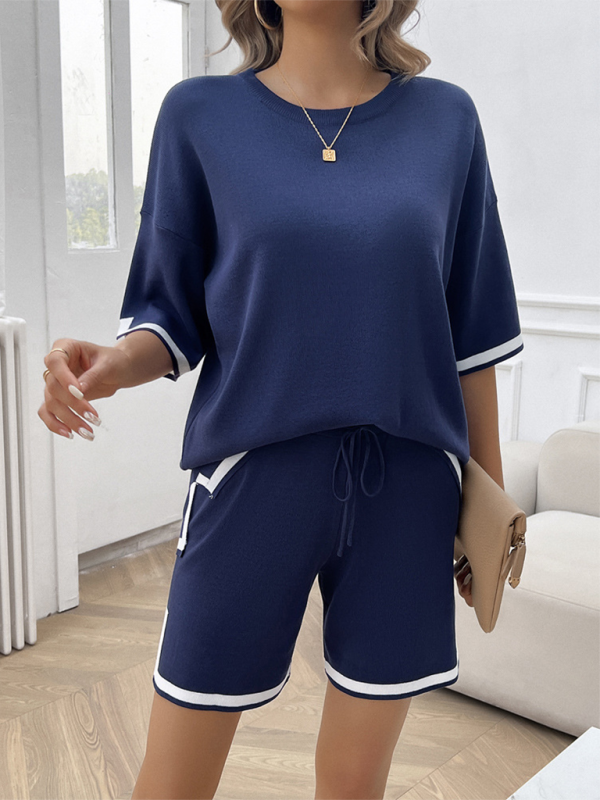 Navy blue knit lounge set displayed with size chart, women’s casual sweater two-piece clothing item