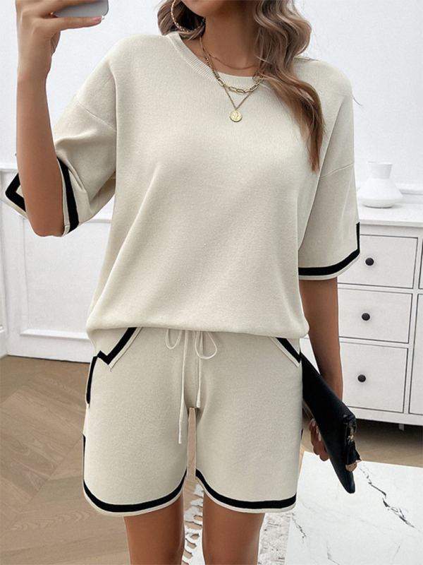 Beige knit shorts set with black trim from Women’s round neck casual sweater two-piece set, size chart available