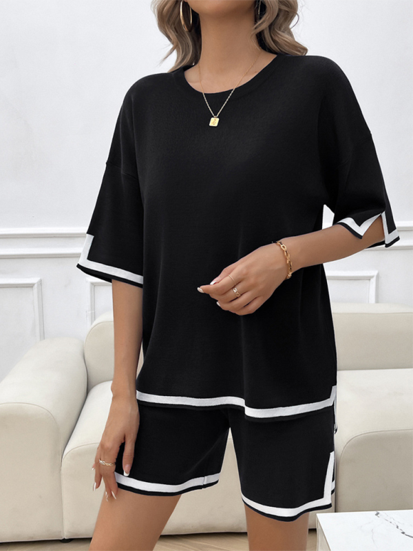 Black and white trimmed lounge set from Women’s round neck casual sweater two-piece set, perfect for comfortable casual wear, sizes available in our size chart