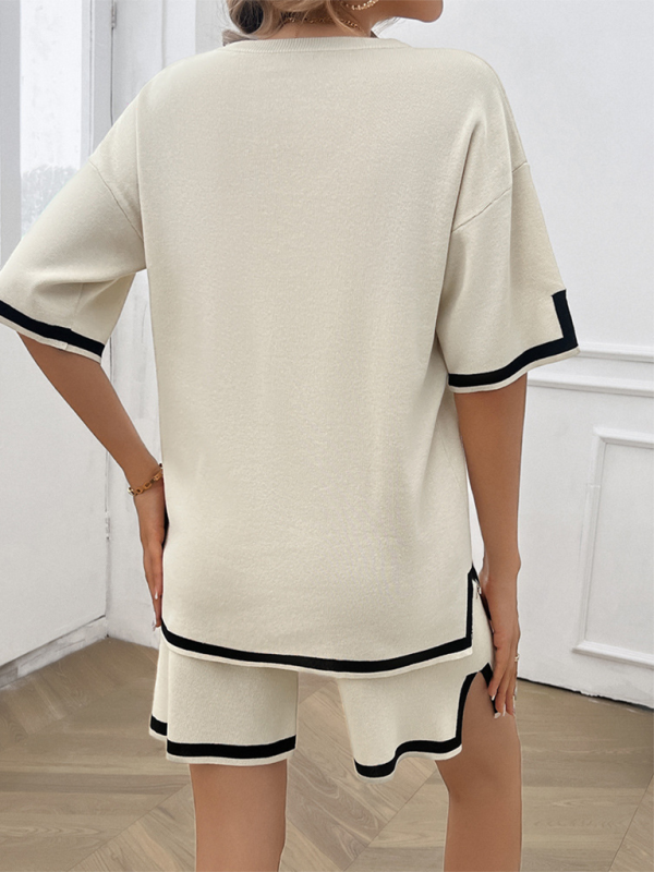 Cream knit shorts set with black trim, ideal clothing item for comfortable casual wear