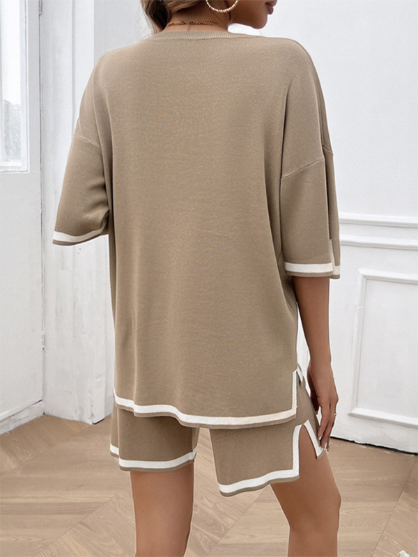 Tan knit shorts set with white trim from Women’s round neck casual sweater two-piece set, perfect for your clothing item needs and size chart reference