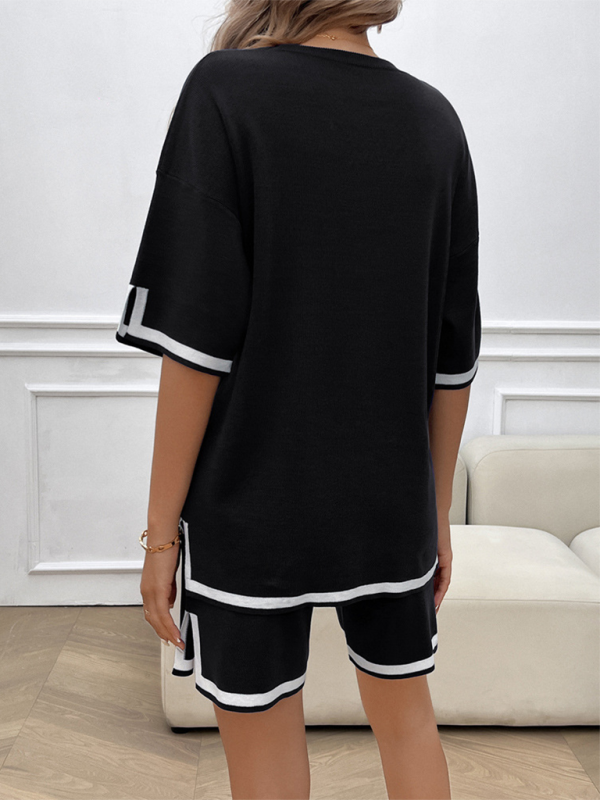 Black and white athletic shorts set as shown in the women’s casual sweater two-piece clothing item with size chart