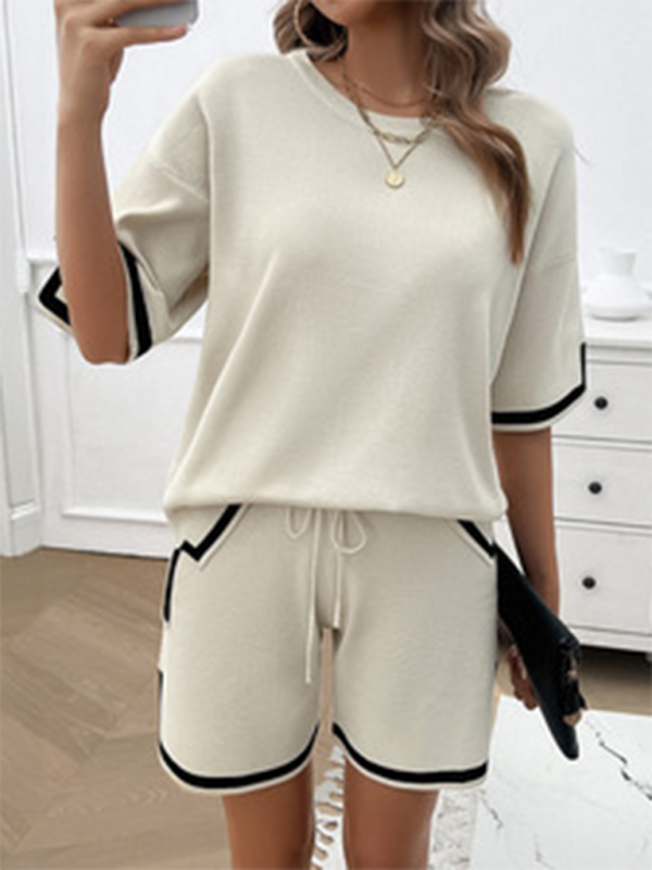 Beige knit shorts and top set with black trim from Women’s round neck casual sweater two-piece set, perfect for your size chart needs