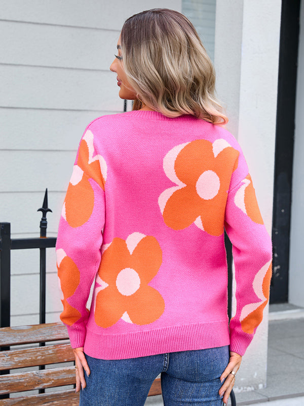 Women’s round neck fashionable big flower sweater