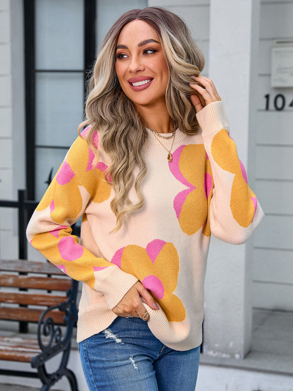 Women’s round neck fashionable big flower sweater
