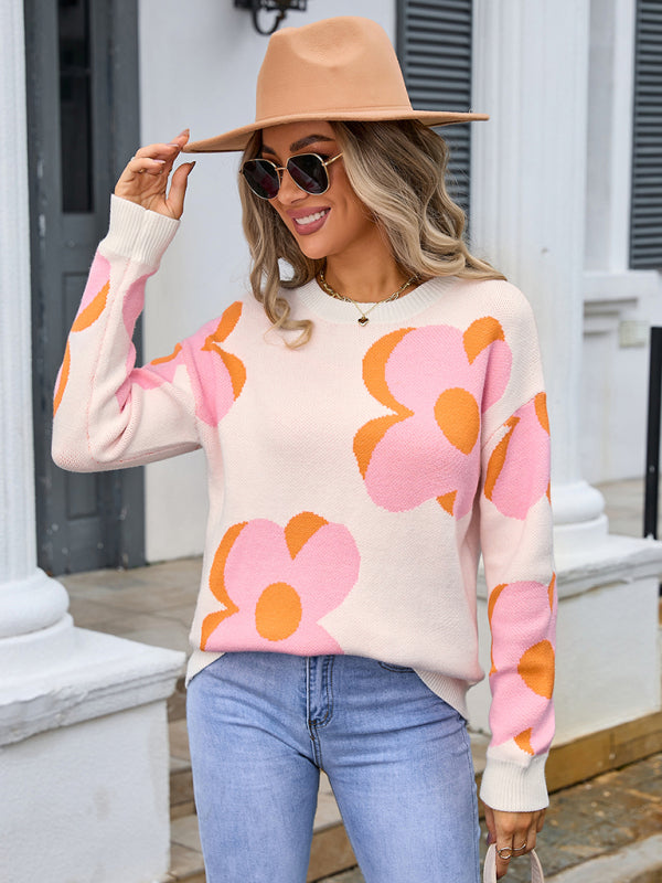 Women’s round neck fashionable big flower sweater