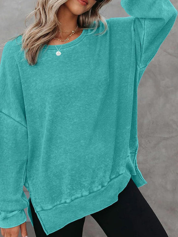 Women’s round neck long sleeve side slit waffle knit top - Blue / S