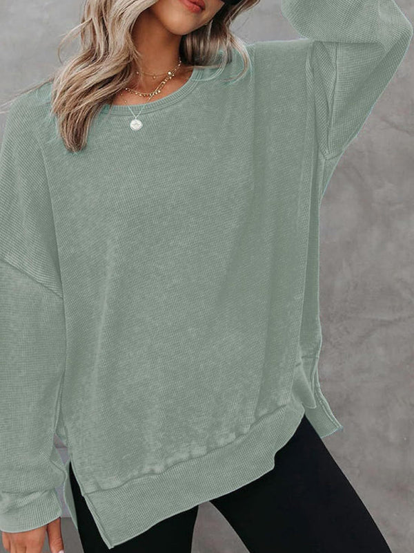 Women’s round neck long sleeve side slit waffle knit top - Green / S