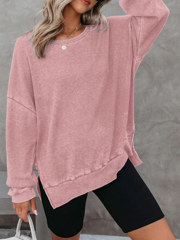 Women’s round neck long sleeve side slit waffle knit top - Pink / S
