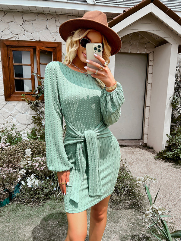 Women’s Round Neck Long Sleeve Waist Slim Dress