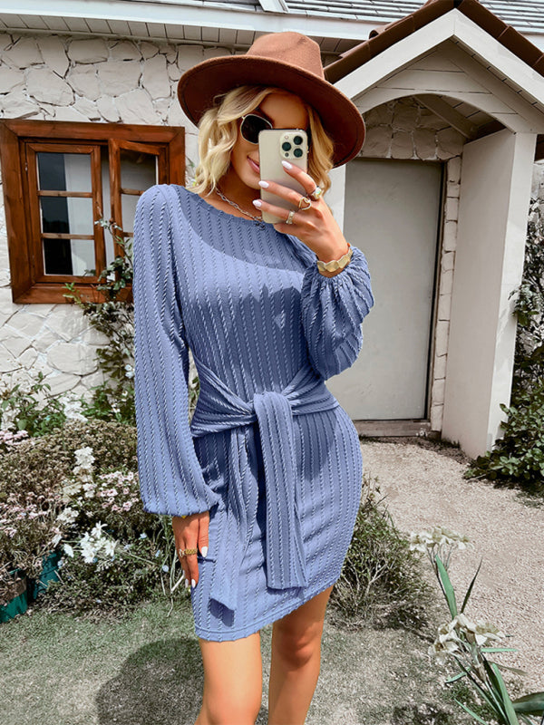 Women’s Round Neck Long Sleeve Waist Slim Dress