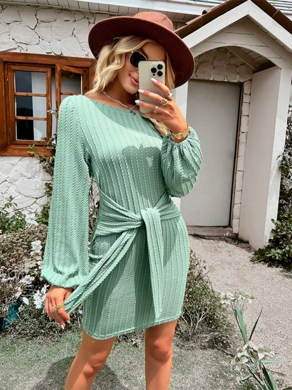 Women’s Round Neck Long Sleeve Waist Slim Dress - Green / S