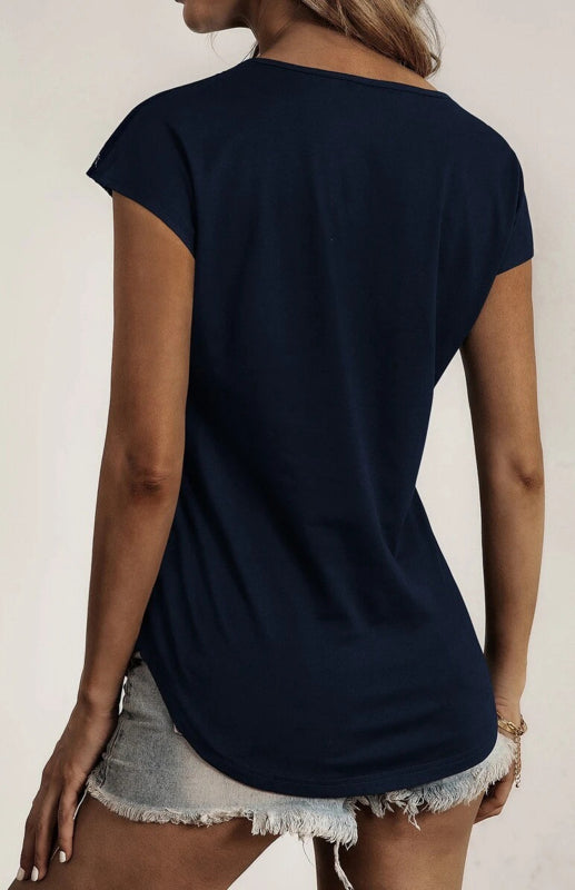 Women’s Round Neck Semi-Stranded Stitching Lace Short Sleeve Tops