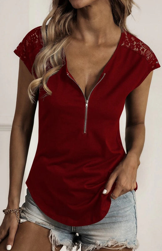 Women’s Round Neck Semi-Stranded Stitching Lace Short Sleeve Tops