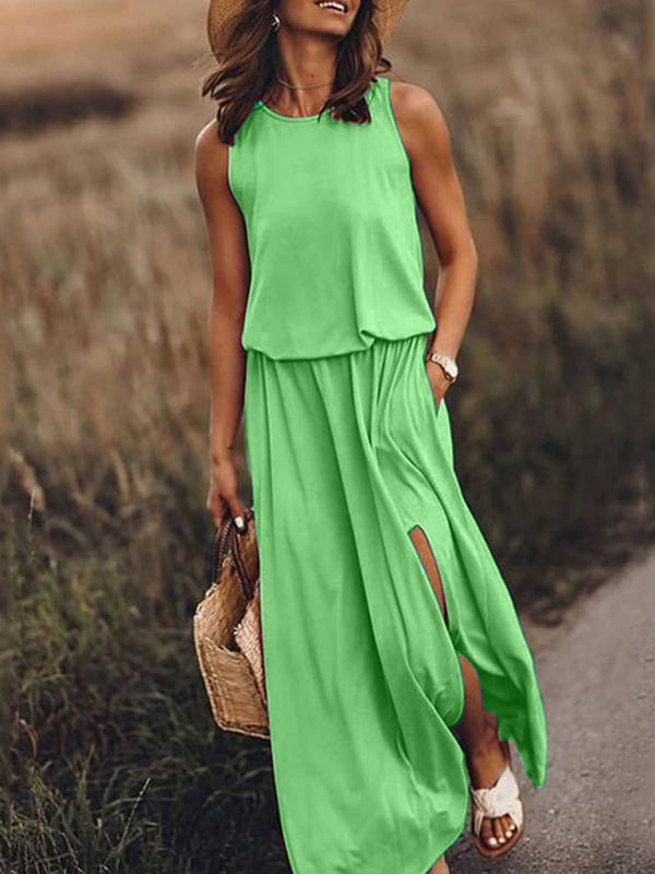 Women’s Round Neck Sleeveless Dress Slit Multicolor Solid Color Long Dress - Pale green / S