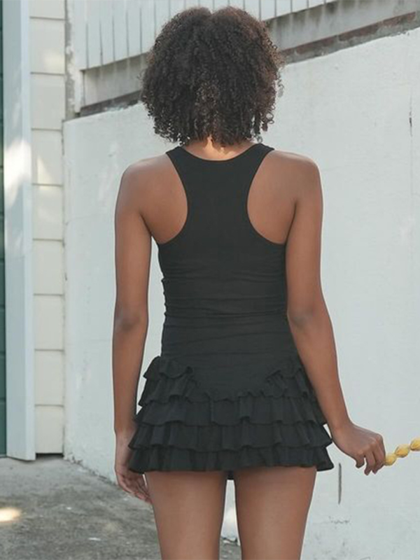 Women’s Round Neck Sleeveless Stacked Ruffle Short Skirt Sexy Hottie Dress