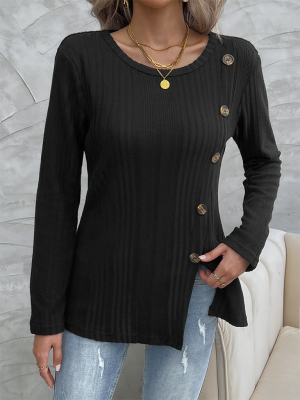 Women’s round neck slit button long sleeve top