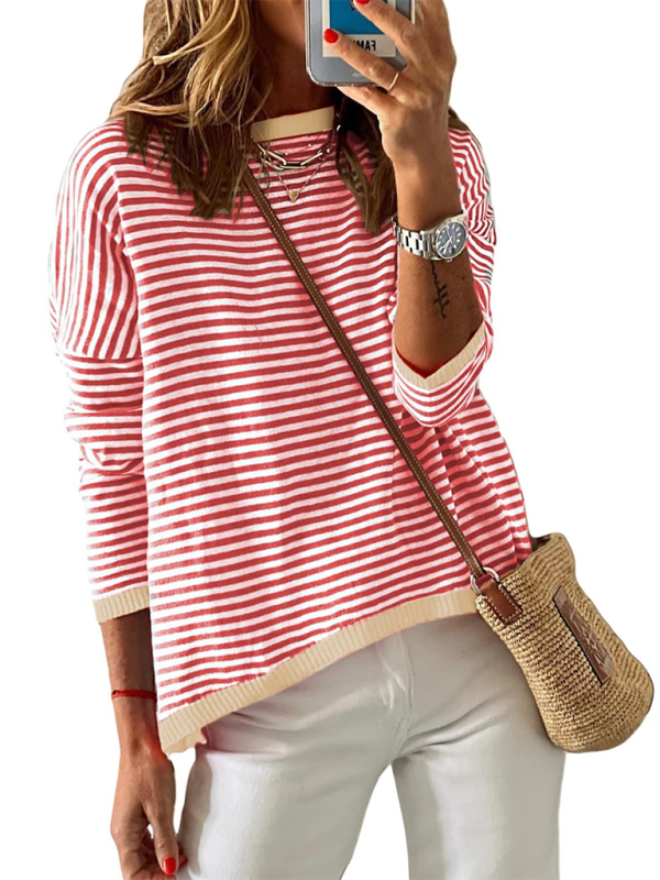 Women’s round neck striped contrast color long sleeve casual sweater