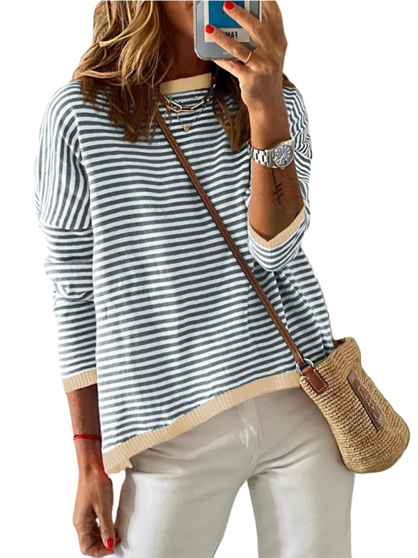 Women’s round neck striped contrast color long sleeve casual sweater